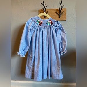 Adorable Zuccini girl’s light blue striped Christmas smock dress.